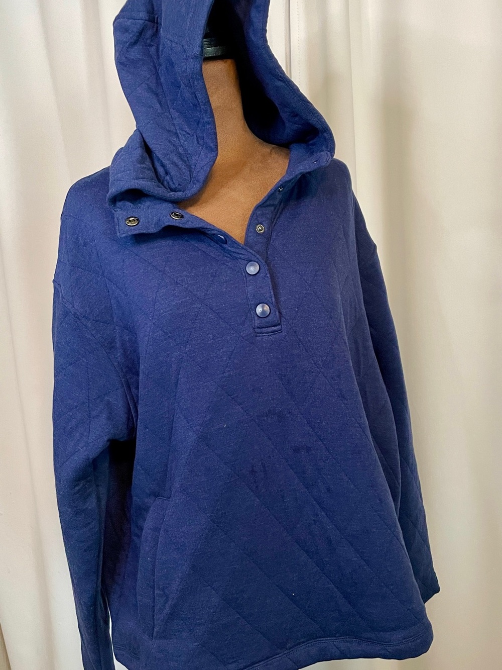 Lands' End Quilted Hooded Snap-Placket Pullover - Navy - Picture 2 of 5